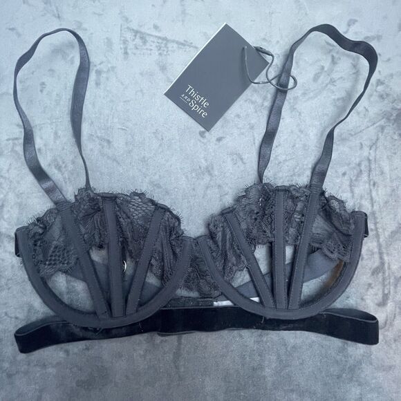 Thistle and Spire Sidney Open Cup Bra Womens 32DD Black Velvet Strappy Revolve - Picture 3 of 7